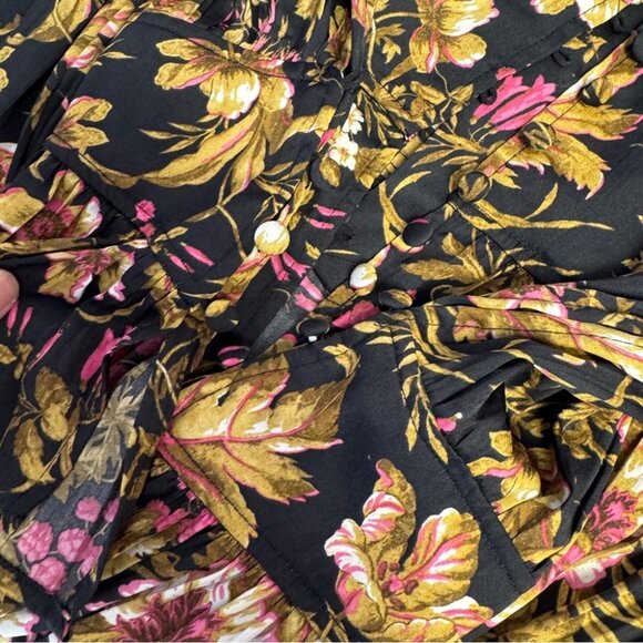 Anthropologie Button Front Peplum Hem Black Floral Ruffle Cuff Blouse Size Small - Picture 11 of 13